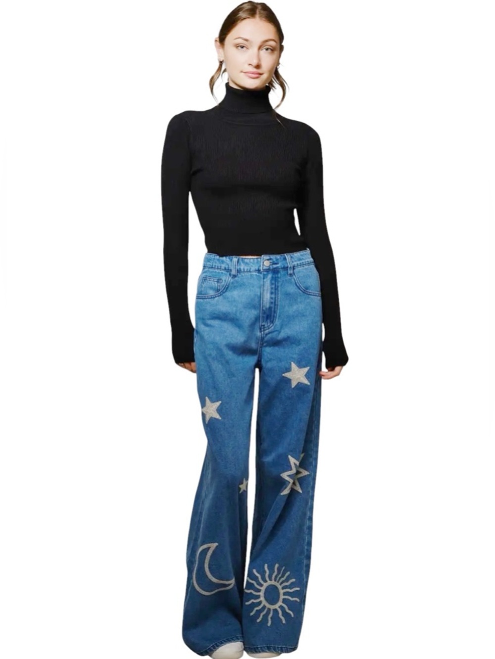 NEW blue b Medium Wash Embroidered Star Sun Moon Celestial Wide Leg Denim Jeans